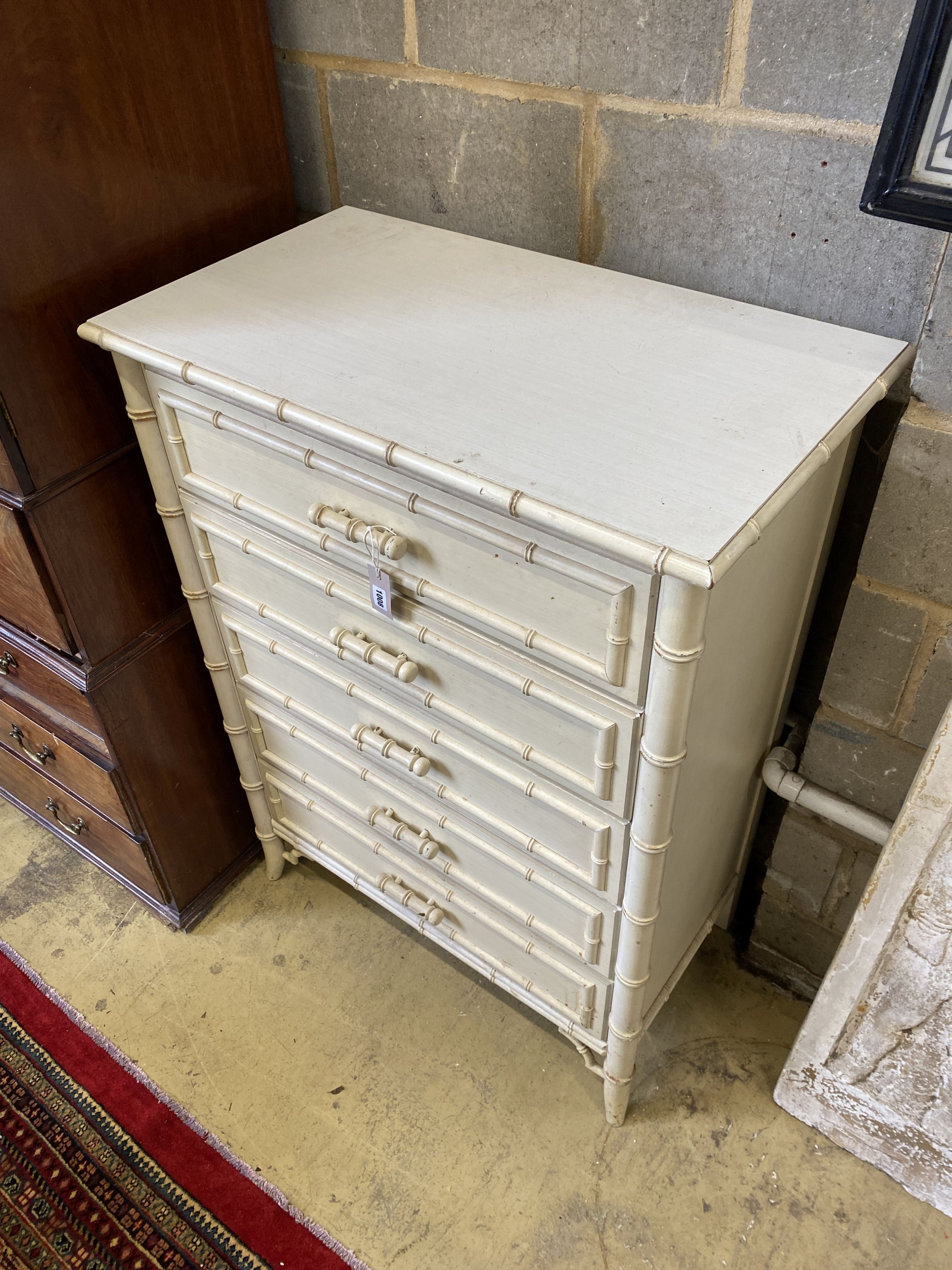 A cream painted faux bamboo chest of five drawers, width 86cm, depth 49cm, height 120cm